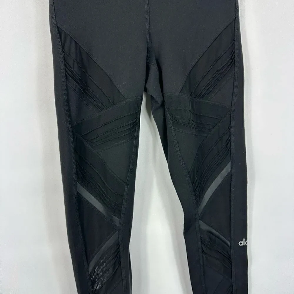 Alo Black Leggings High Rise Sheer Mesh Legs Pin Tuck Size XS Inseam 28